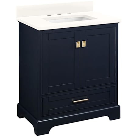 Signature Hardware Quen 30" Freestanding Single Basin Vanity Set with Cabinet, Vanity Top, and Rectangular Undermount Sink - 8" Faucet Holes Midnight Navy Blue / Arctic White Quartz