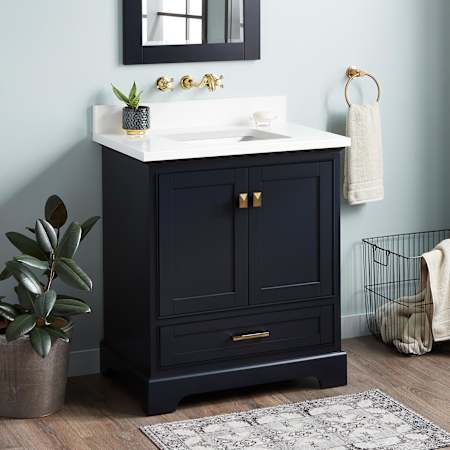 Signature Hardware Quen 30" Freestanding Single Basin Vanity Set with Cabinet, Vanity Top, and Rectangular Undermount Sink - No Faucet Holes Midnight Navy Blue / Arctic White Quartz