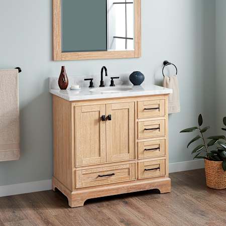 Signature Hardware Quen 36" Freestanding Single Basin Vanity Set with Cabinet, Vanity Top, and Oval Undermount Sink - 8" Faucet Holes Driftwood Brown / Carrara Marble