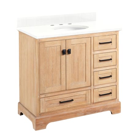 Signature Hardware Quen 36" Freestanding Single Basin Vanity Set with Cabinet, Vanity Top, and Oval Undermount Sink - 8" Faucet Holes Driftwood Brown / Feathered White Quartz