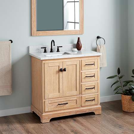 Signature Hardware Quen 36" Freestanding Single Basin Vanity Set with Cabinet, Vanity Top, and Rectangular Undermount Sink - 8" Faucet Holes Driftwood Brown / Carrara Marble