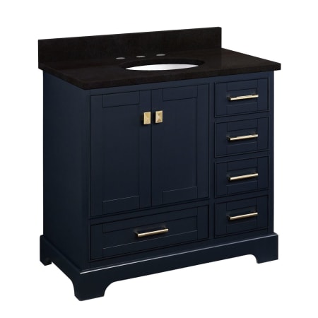 Signature Hardware Quen 36" Freestanding Single Basin Vanity Set with Cabinet, Vanity Top, and Oval Undermount Sink - 8" Faucet Holes Midnight Navy Blue / Absolute Black Granite
