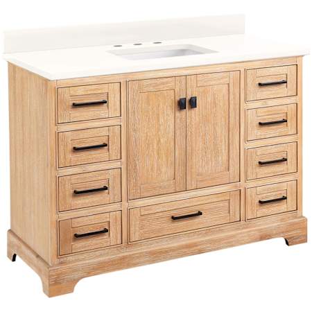 Signature Hardware Quen 48" Freestanding Single Basin Vanity Set with Cabinet, Vanity Top, and Rectangular Undermount Sink - 8" Widespread Faucet Holes Driftwood Brown / Arctic White Quartz