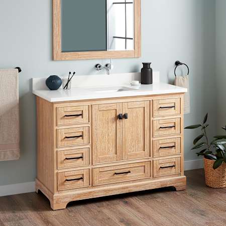 Signature Hardware Quen 48" Freestanding Single Basin Vanity Set with Cabinet, Vanity Top, and Rectangular Undermount Sink - No Faucet Holes Driftwood Brown / Arctic White Quartz