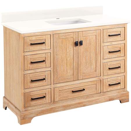 Signature Hardware Quen 48" Freestanding Single Basin Vanity Set with Cabinet, Vanity Top, and Rectangular Undermount Sink - Single Faucet Hole Driftwood Brown / Arctic White Quartz