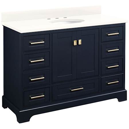 Signature Hardware Quen 48" Freestanding Single Basin Vanity Set with Cabinet, Vanity Top, and Oval Undermount Sink - 8" Widespread Faucet Holes Midnight Navy Blue / Arctic White Quartz