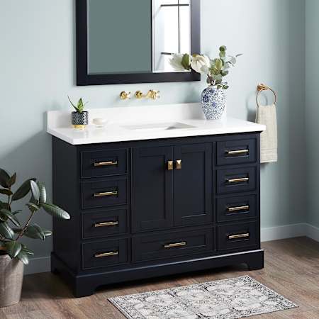 Signature Hardware Quen 48" Freestanding Single Basin Vanity Set with Cabinet, Vanity Top, and Rectangular Undermount Sink - No Faucet Holes Midnight Navy Blue / Arctic White Quartz