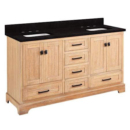 Signature Hardware Quen 60" Freestanding Double Basin Vanity Set with Cabinet, Vanity Top, and Rectangular Undermount Sinks - 8" Faucet Holes Driftwood Brown / Absolute Black Granite