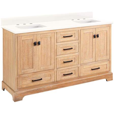 Signature Hardware Quen 60" Freestanding Double Basin Vanity Set with Cabinet, Vanity Top, and Rectangular Undermount Sinks - 8" Faucet Holes Driftwood Brown / Arctic White Quartz