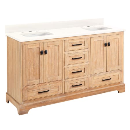 Signature Hardware Quen 60" Freestanding Double Basin Vanity Set with Cabinet, Vanity Top, and Rectangular Undermount Sinks - 8" Faucet Holes Driftwood Brown / Arctic White Quartz