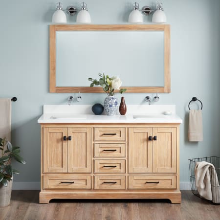 Signature Hardware Quen 60" Freestanding Double Basin Vanity Set with Cabinet, Vanity Top, and Rectangular Undermount Sinks - No Faucet Holes Driftwood Brown / Arctic White Quartz