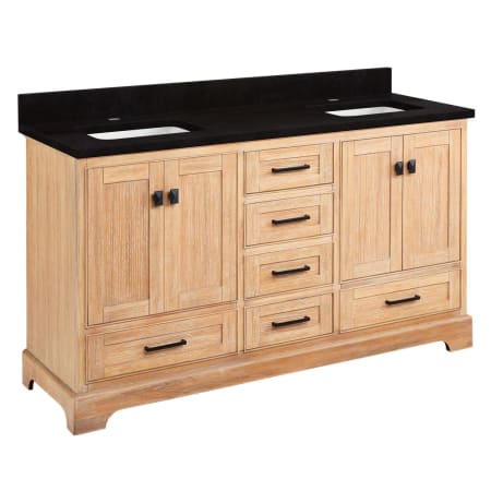 Signature Hardware Quen 60" Freestanding Double Basin Vanity Set with Cabinet, Vanity Top, and Rectangular Undermount Sinks - Single Faucet Holes Driftwood Brown / Absolute Black Granite