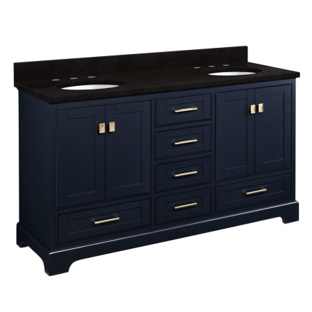 Signature Hardware Quen 60" Freestanding Double Basin Vanity Set with Cabinet, Vanity Top, and Oval Undermount Sinks - 8" Faucet Holes Midnight Navy Blue / Absolute Black Granite