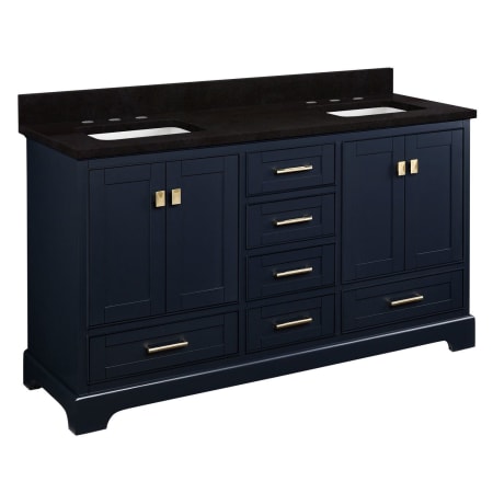 Signature Hardware Quen 60" Freestanding Double Basin Vanity Set with Cabinet, Vanity Top, and Rectangular Undermount Sinks - 8" Faucet Holes Midnight Navy Blue / Absolute Black