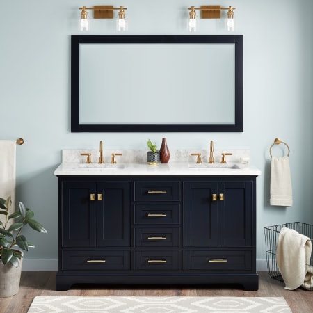 Signature Hardware Quen 60" Freestanding Double Basin Vanity Set with Cabinet, Vanity Top, and Rectangular Undermount Sinks - 8" Faucet Holes Midnight Navy Blue / Carrara Marble