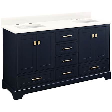Signature Hardware Quen 60" Freestanding Double Basin Vanity Set with Cabinet, Vanity Top, and Rectangular Undermount Sinks - 8" Faucet Holes Midnight Navy Blue / Arctic White Quartz