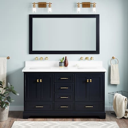 Signature Hardware Quen 60" Freestanding Double Basin Vanity Set with Cabinet, Vanity Top, and Rectangular Undermount Sinks - No Faucet Holes Midnight Navy Blue / Arctic White Quartz