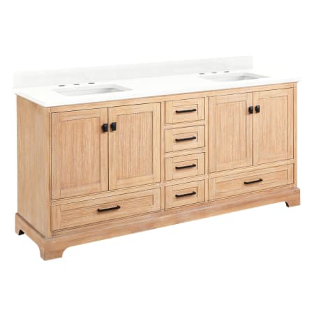 Signature Hardware Quen 72" Freestanding Double Basin Vanity Set with Cabinet, Vanity Top, and Rectangular Undermount Sinks - 8" Faucet Holes Driftwood Brown / Feathered White Quartz