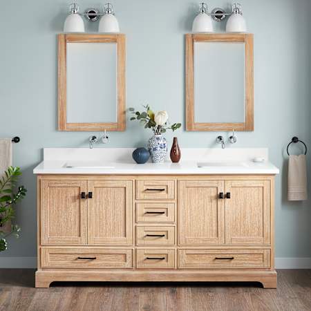 Signature Hardware Quen 72" Freestanding Double Basin Vanity Set with Cabinet, Vanity Top, and Rectangular Undermount Sinks - No Faucet Holes Driftwood Brown / Arctic White Quartz