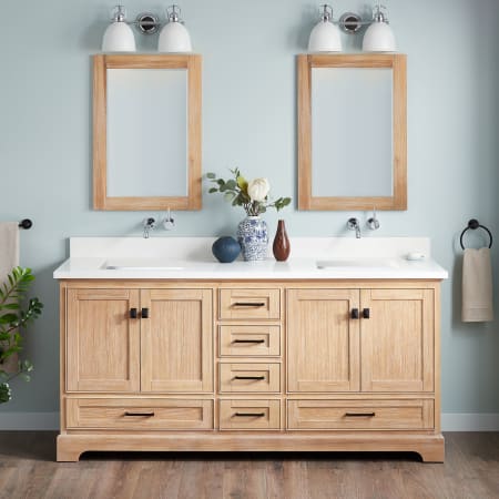 Signature Hardware Quen 72" Freestanding Double Basin Vanity Set with Cabinet, Vanity Top, and Rectangular Undermount Sinks - No Faucet Holes Driftwood Brown / Arctic White Quartz