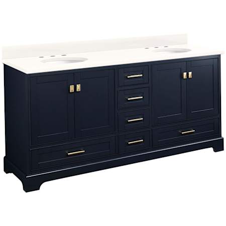 Signature Hardware Quen 72" Freestanding Double Basin Vanity Set with Cabinet, Vanity Top, and Oval Undermount Sinks - 8" Faucet Holes Midnight Navy Blue / Arctic White Quartz