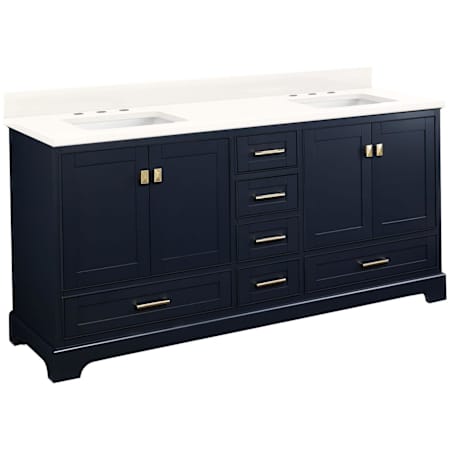 Signature Hardware Quen 72" Freestanding Double Basin Vanity Set with Cabinet, Vanity Top, and Rectangular Undermount Sinks - 8" Widespread Faucet Holes Midnight Navy Blue / Arctic White Quartz