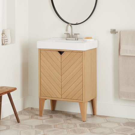 Signature Hardware Fircrest 24" Freestanding Oak Single Basin Vanity Set with Cabinet, Vitreous China Top, and Rectangular Integrated Vitreous China Sink - 4" Faucet Holes Sandy Oak