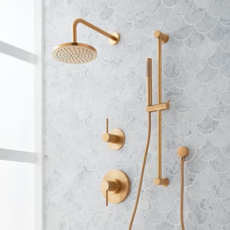 Signature Hardware Lexia Pressure Balanced Shower System with Rainfall Shower Head, Hand Shower, Slide Bar, Shower Arm, Hose, and Valve Trim - Accufit Rough-In Valve Included Brushed Gold