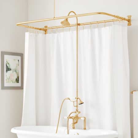 Signature Hardware English Rim Mount Tub and Shower Conversion Kit  with Tub Faucet, Shower Head, Hand Shower, and 60" x 27" D-Shaped Shower Ring Brushed Gold
