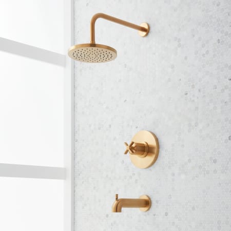 Signature Hardware Vassor Pressure Balanced Tub and Shower Package with Rainfall Shower Head and Tub Spout - Accufit Rough-In Valve Included Brushed Gold