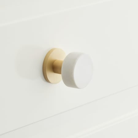 Signature Hardware Jarek 1 Inch Diameter Round Cabinet Knob White Marble / Satin Brass