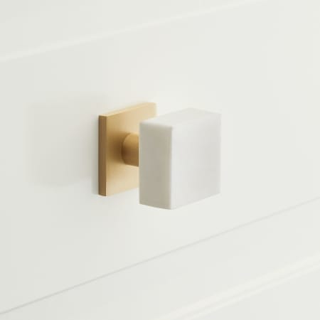 Signature Hardware Jarek 1-1/4 Inch Diameter Square Cabinet Knob White Marble / Satin Brass