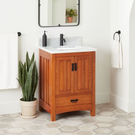 Signature Hardware Maybeck 24" Freestanding Oak Single Basin Vanity Set with Cabinet, Vanity Top, and Rectangular Undermount Sink - Single Faucet Hole Tinted Oak / Carrara Marble