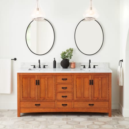 Signature Hardware Maybeck 72" Freestanding Oak Double Basin Vanity Set with Cabinet, Vanity Top, and Rectangular Undermount Sinks - 8" Faucet Holes