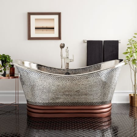 Signature Hardware Anastasia 71" Free Standing Copper Soaking Tub with Center Drain, Drain Assembly, and Overflow Nickel / Brushed Nickel Drain
