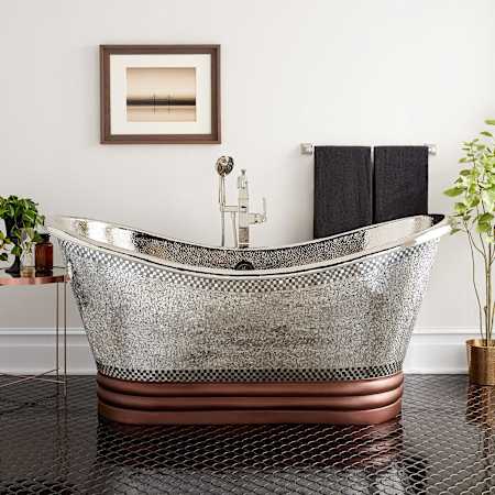 Signature Hardware Anastasia 71" Free Standing Copper Soaking Tub with Center Drain, Drain Assembly, and Overflow Nickel / Black Drain