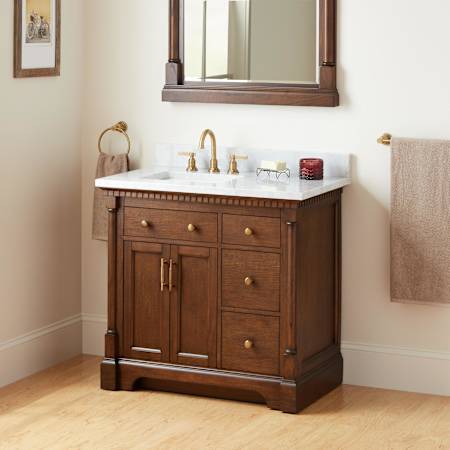 Signature Hardware Claudia 36" Mahogany Single Basin Vanity Set with Cabinet, Vanity Top, and Rectangular Undermount Sink - 8" Widespread Faucet Holes Antique Coffee / Carrara Marble