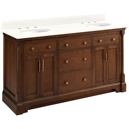 Signature Hardware Claudia 60" Mahogany Double Basin Vanity Set with Cabinet, Vanity Top, and Oval Undermount Sinks - 8" Faucet Holes Antique Coffee / Arctic White