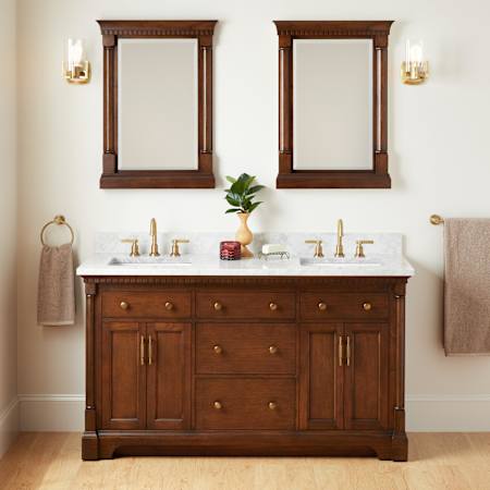 Signature Hardware Claudia 60" Mahogany Double Basin Vanity Set with Cabinet, Vanity Top, and Rectangular Undermount Sinks - 8" Faucet Holes Antique Coffee / Carrara Marble
