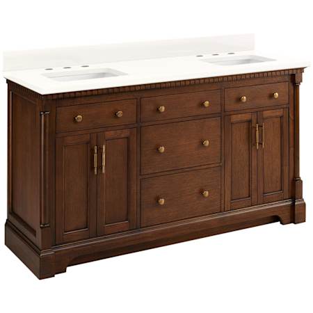 Signature Hardware Claudia 60" Mahogany Double Basin Vanity Set with Cabinet, Vanity Top, and Rectangular Undermount Sinks - 8" Faucet Holes Antique Coffee / Arctic White