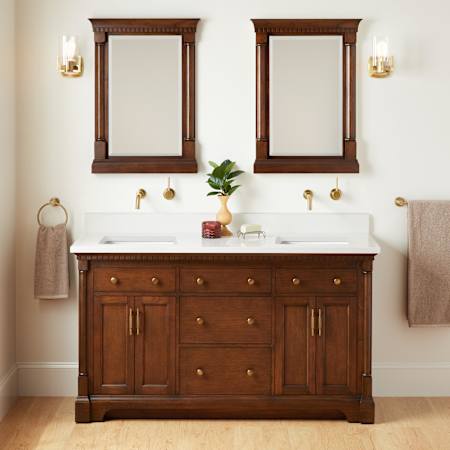Signature Hardware Claudia 60" Mahogany Double Basin Vanity Set with Cabinet, Vanity Top, and Rectangular Undermount Sinks - No Faucet Holes Antique Coffee / Arctic White