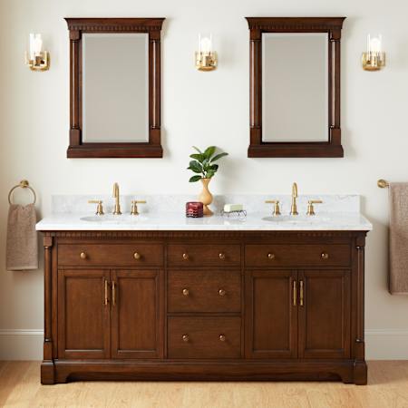 Signature Hardware Claudia 72" Freestanding Mahogany Double Basin Vanity Set with Cabinet, Vanity Top, and Oval Undermount Sinks - 8" Widespread Faucet Holes Antique Coffee / Carrara Marble