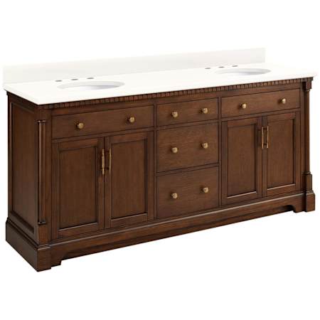 Signature Hardware Claudia 72" Freestanding Mahogany Double Basin Vanity Set with Cabinet, Vanity Top, and Oval Undermount Sinks - 8" Widespread Faucet Holes Antique Coffee / Arctic White