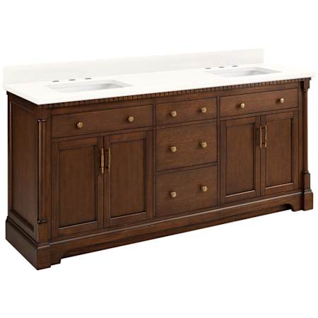 Signature Hardware Claudia 72" Freestanding Mahogany Double Basin Vanity Set with Cabinet, Vanity Top, and Rectangular Undermount Sinks - 8" Widespread Faucet Holes Antique Coffee / Arctic White