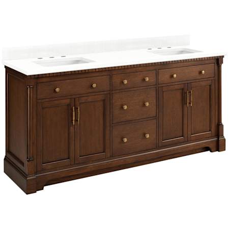 Signature Hardware Claudia 72" Freestanding Mahogany Double Basin Vanity Set with Cabinet, Vanity Top, and Rectangular Undermount Sinks - 8" Widespread Faucet Holes Antique Coffee / Feathered White