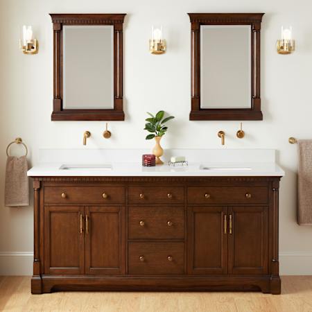 Signature Hardware Claudia 72" Freestanding Mahogany Double Basin Vanity Set with Cabinet, Vanity Top, and Rectangular Undermount Sinks - No Faucet Holes Antique Coffee / Arctic White