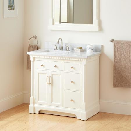 Signature Hardware Claudia 36" Mahogany Single Basin Vanity Set with Cabinet, Vanity Top, and Rectangular Undermount Sink - 8" Widespread Faucet Holes Antique White / Carrara Marble