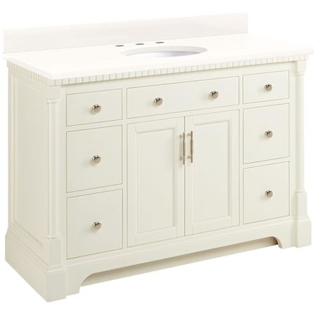 Signature Hardware Claudia 48" Mahogany Single Basin Vanity Set with Cabinet, Vanity Top, and Oval Undermount Sink - 8" Widespread Faucet Holes Antique White / Arctic White Quartz