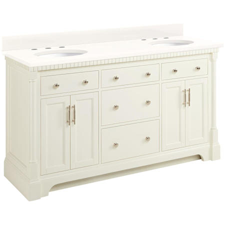 Signature Hardware Claudia 60" Mahogany Double Basin Vanity Set with Cabinet, Vanity Top, and Oval Undermount Sinks - 8" Widespread Faucet Holes Antique White / Arctic White Quartz