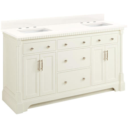 Signature Hardware Claudia 60" Mahogany Double Basin Vanity Set with Cabinet, Vanity Top, and Rectangular Undermount Sinks - 8" Widespread Faucet Holes Antique White / Arctic White Quartz
